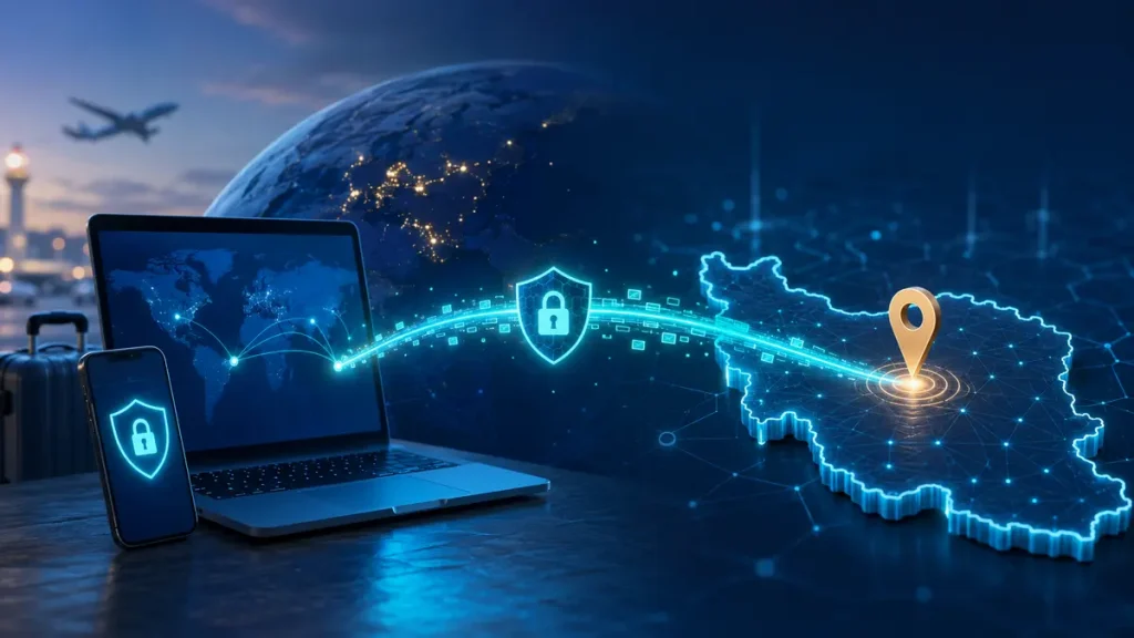 نمای مفهومی اتصال کاربر خارج از کشور به سرور VPN با آی پی ایران